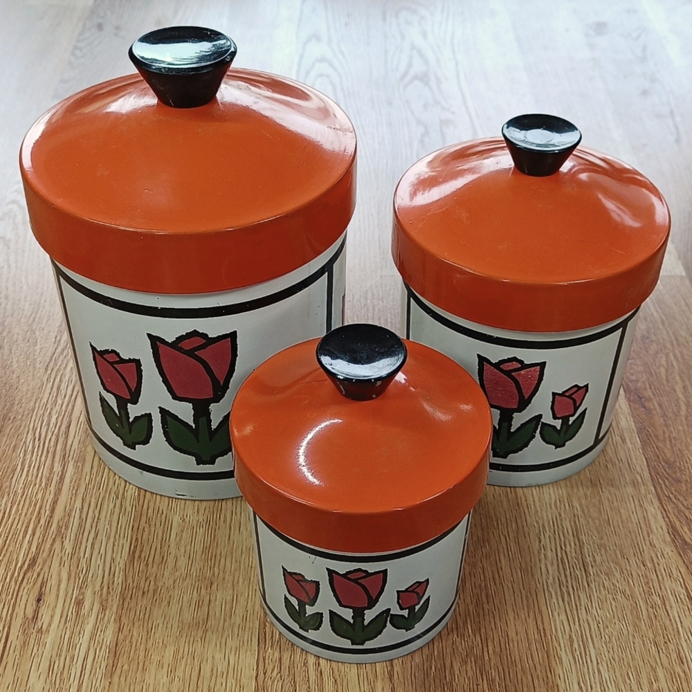 Set of 3 vintage tulip patterned canisters from Japan